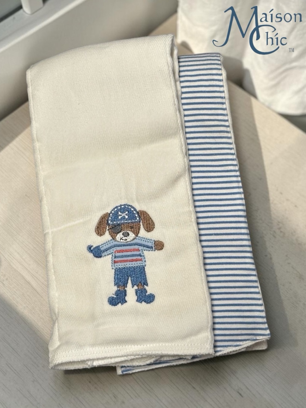 Maison Chic Burp Cloth Set- Blue Stripes & Patch The Pirate Dog